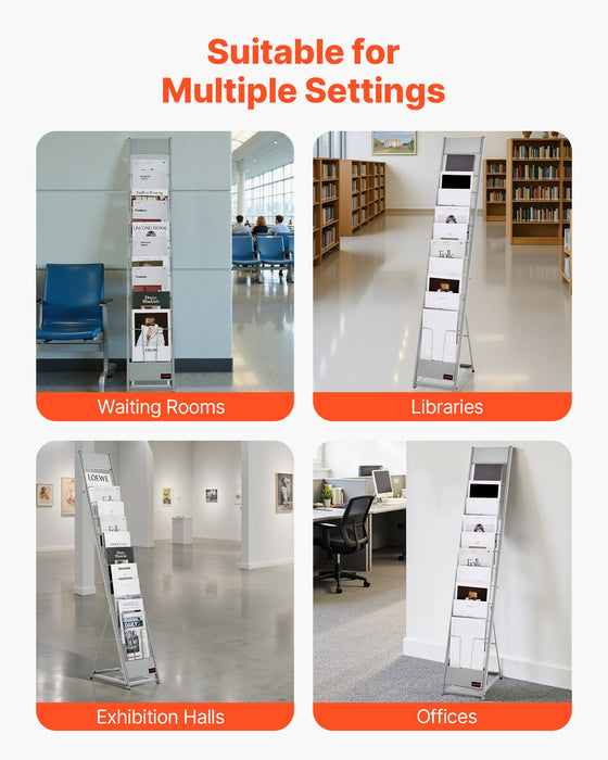 VEVOR Brochure Display Rack, 10 Pockets Magazine Literature Display Stand, Portable Floor Standing Magazine Rack, Metal Newspaper Catalog Holders for Shop, Exhibitions, Office, Trade Show, Silver