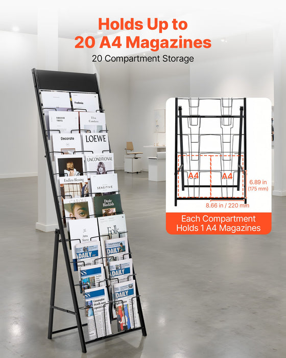 VEVOR Brochure Display Rack, 20 Pockets Magazine Literature Display Stand, Portable Floor Standing Magazine Rack, Metal Newspaper Catalog Holders for Shop, Exhibitions, Office, Trade Show, Black