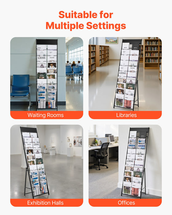 VEVOR Brochure Display Rack, 20 Pockets Magazine Literature Display Stand, Portable Floor Standing Magazine Rack, Metal Newspaper Catalog Holders for Shop, Exhibitions, Office, Trade Show, Black