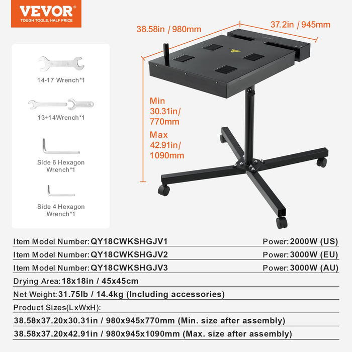 VEVOR Flash Dryer, 18 x 18 inch Flash Dryer for Screen Printing, 0-750â„?Temperature Control, High Power Silk Screen Printing Dryer with Height Adjustable Stand, 360° Rotation, T-Shirt Curing Machine