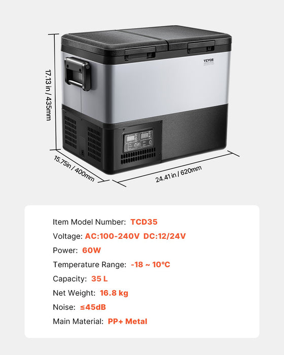 VEVOR Portable Car Refrigerator Freezer Compressor 35L Dual Zone for Car Home