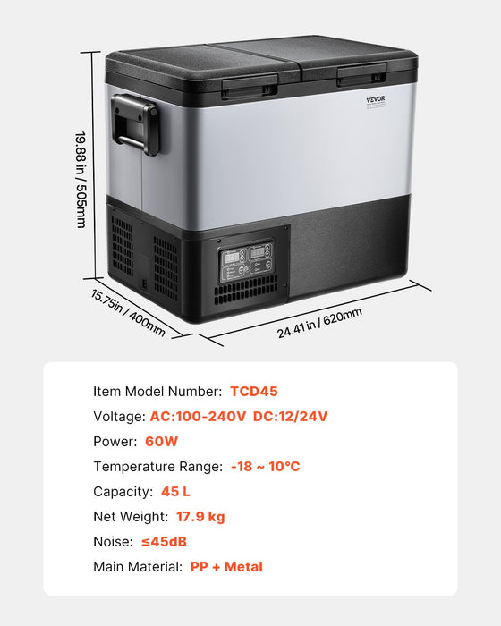 VEVOR Portable Car Refrigerator Freezer Compressor 45L Dual Zone for Car Home