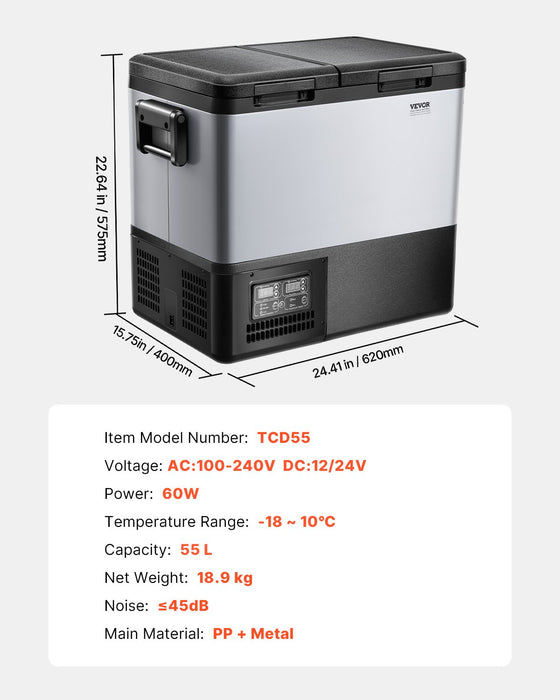 VEVOR Portable Car Refrigerator Freezer Compressor 55L Dual Zone for Car Home