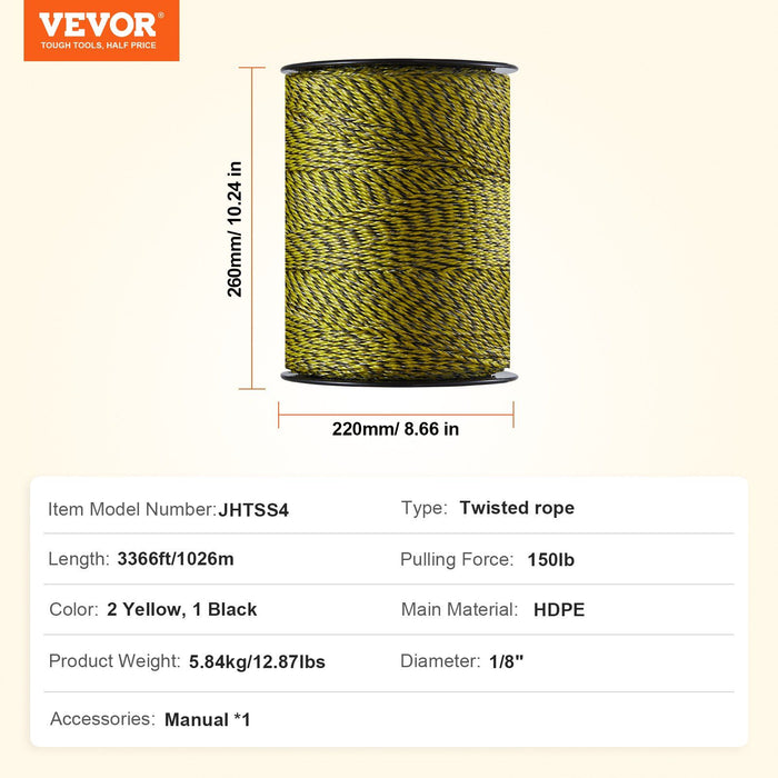 Electric Fence Wire, 3366Ft 1026M Portable Polywire, 1/8" Diameter 6 Stainless Steel Strands for Reliable Conductivity and UV, Rust Resistance, Fencing Rope Line for Horse, Cattle, Livestock