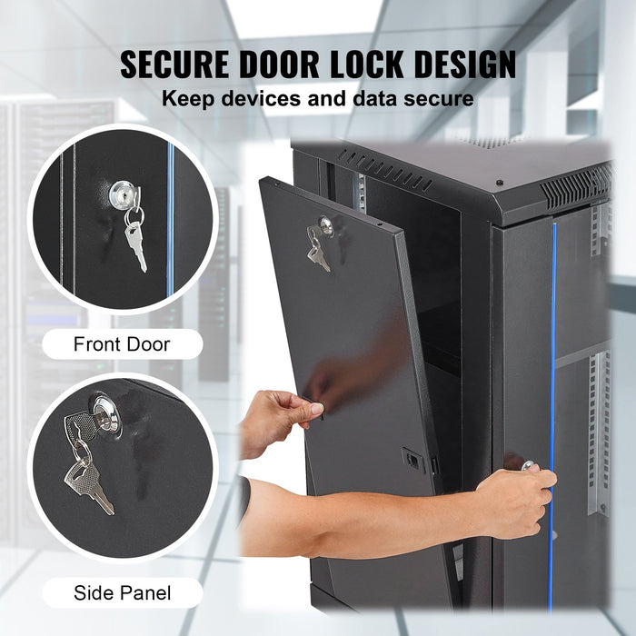 VEVOR 15U Wall Mount Network Cabinet, 226.8 kg Max. Ground Load Capacity, Server Rack Cabinet Enclosure with Locking Tempered Glass Door, Side Panels, Q235 Carbon Steel, for IT Equipment, A/V Devices