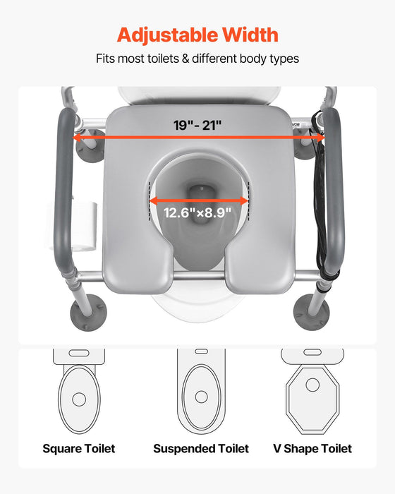 Bedside Commode Chair, 227 kg Capacity, 4-in-1 Portable Toilet and Raised Toilet Seat with Padded Seat & Backrest, Detachable 5L Bucket, Adjustable Height & Width Adult Potty Chair for Seniors