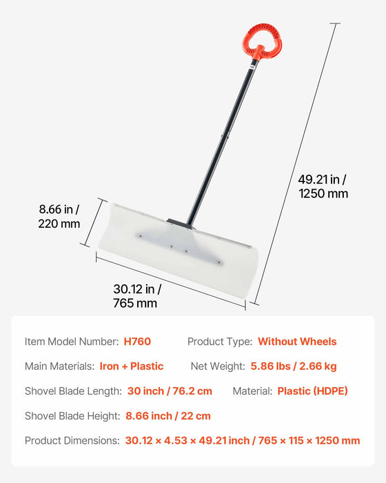 VEVOR Snow Pusher Shovel, 76.2 cm Outdoor Snowplow Shovel with Ergonomic Grip, HDPE Plastic Blade, Winter Shovels with Segmented Handle, Metal Edged Strip, Portable Snow Removal Tool for Driveway