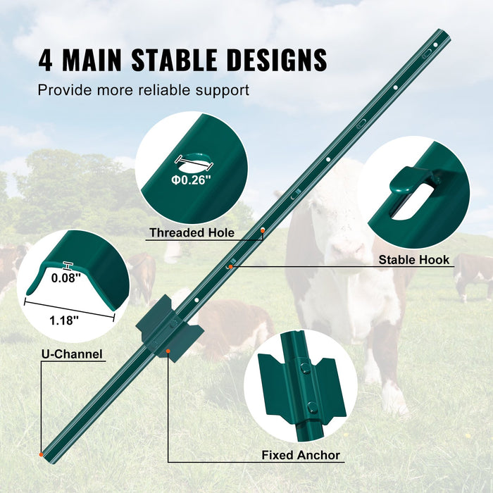 VEVOR 3 Feet Fence Post, 10 Pack U-Channel Heavy Duty Metal Fence Posts, Sturdy Steel Fence Stakes for Garden Yard, Lawn, Farms and Outdoor Wire Fencing, Green