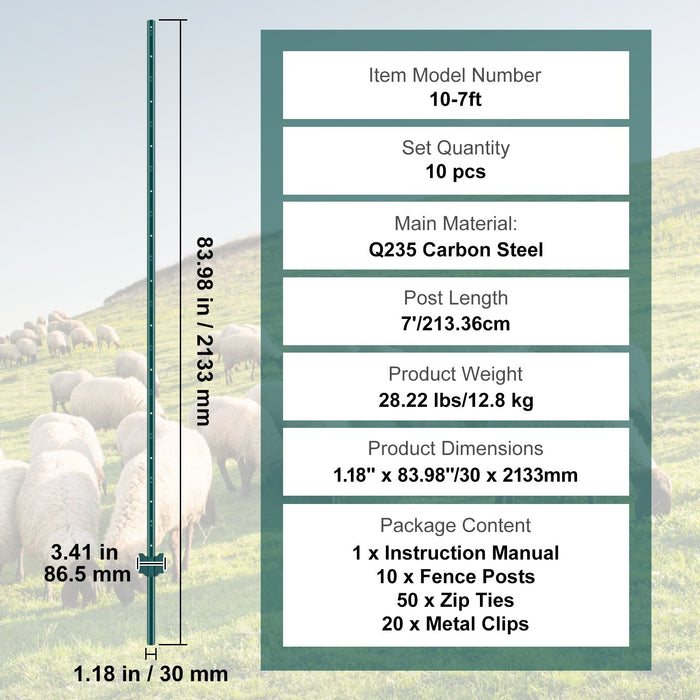 VEVOR 7 Feet Fence Post, 10 Pack U-Channel Heavy Duty Metal Fence Posts, Sturdy Steel Fence Stakes for Garden Yard, Lawn, Farms and Outdoor Wire Fencing, Green