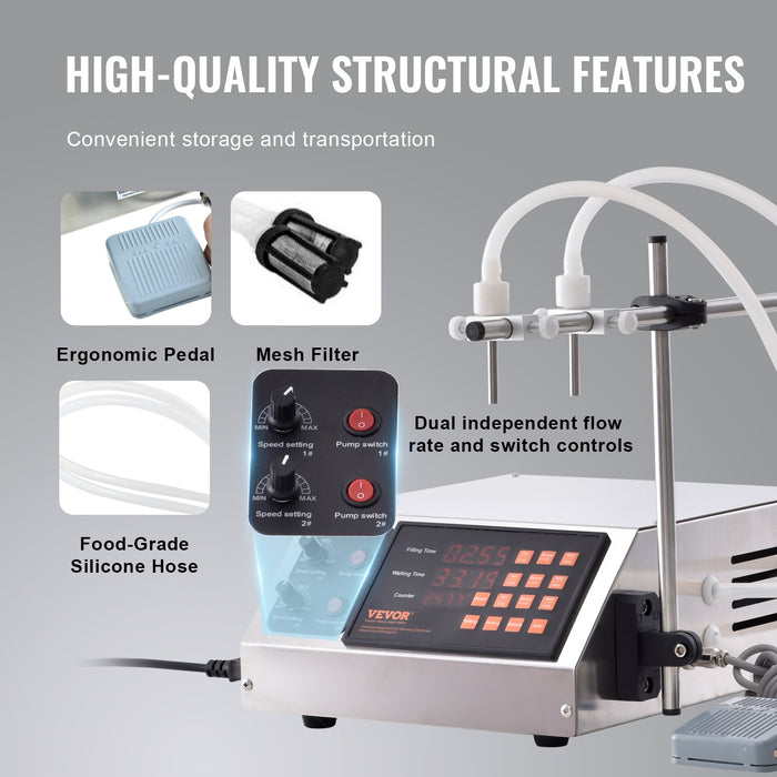 VEVOR Liquid Filling Machine, 10-4000ml Filling Capacity, Automatic Bottle Filler Machine Bottling Machine Digital Control for Milk, Water, Wine, Beverage, Soy Sauce, Vinegar, Alcohol (Double Nozzle)