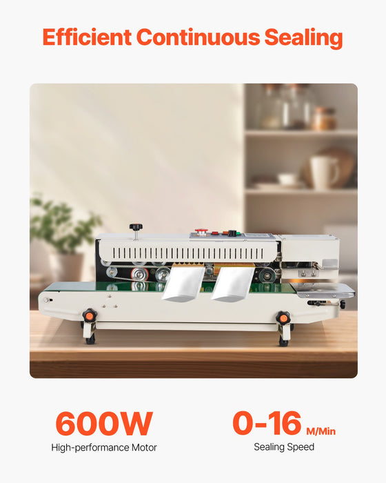 VEVOR Continuous Bag Band Sealing Machine, 6-12 mm Seal Width, Horizontal Band Sealer Machine with Digital Temperature Control, Bag Sealer for 0.02-0.8 mm Plastic Bags Films with Inflation Function
