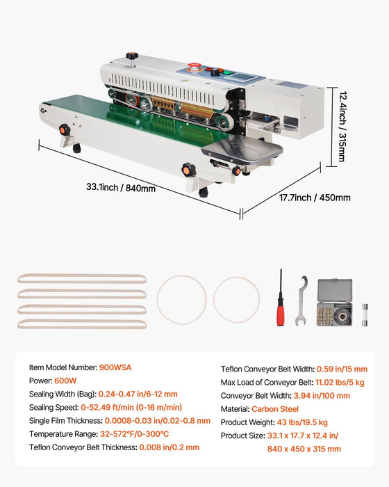 VEVOR Continuous Bag Band Sealing Machine, 6-12 mm Seal Width, Horizontal Band Sealer Machine with Digital Temperature Control, Bag Sealer for 0.02-0.8 mm Plastic Bags Films with Inflation Function