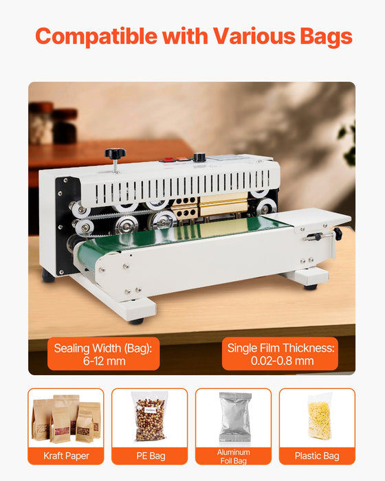 VEVOR Continuous Bag Band Sealing Machine, 6-12 mm Seal Width, Horizontal Band Sealer Machine with Digital Temperature Control, Carbon Steel Bag Sealer for 0.02-0.8 mm Plastic Bags Films Membrane