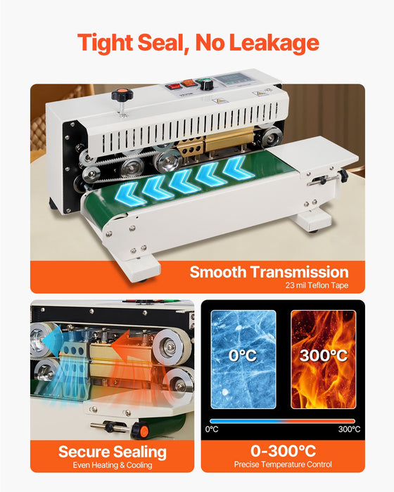 VEVOR Continuous Bag Band Sealing Machine, 6-12 mm Seal Width, Horizontal Band Sealer Machine with Digital Temperature Control, Carbon Steel Bag Sealer for 0.02-0.8 mm Plastic Bags Films Membrane