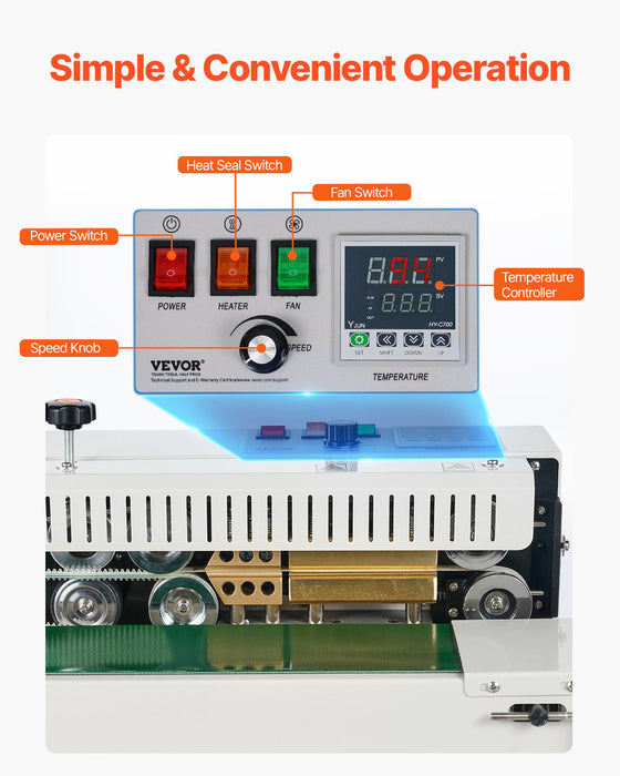 VEVOR Continuous Bag Band Sealing Machine, 6-12 mm Seal Width, Horizontal Band Sealer Machine with Digital Temperature Control, Carbon Steel Bag Sealer for 0.02-0.8 mm Plastic Bags Films Membrane