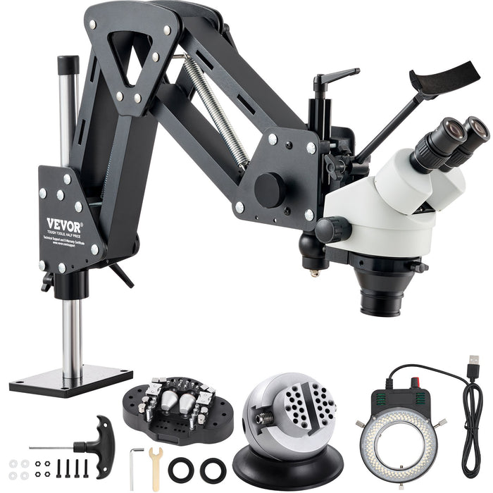 VEVOR Multi-Directional Microscope with Spring Bracket, 7X-45X Magnification Jewelry Microscope, Micro Jewelry Inlaid Stand with Integrated USB Ring LED Light and 360° Ball Vise, for Jewelry Inlay
