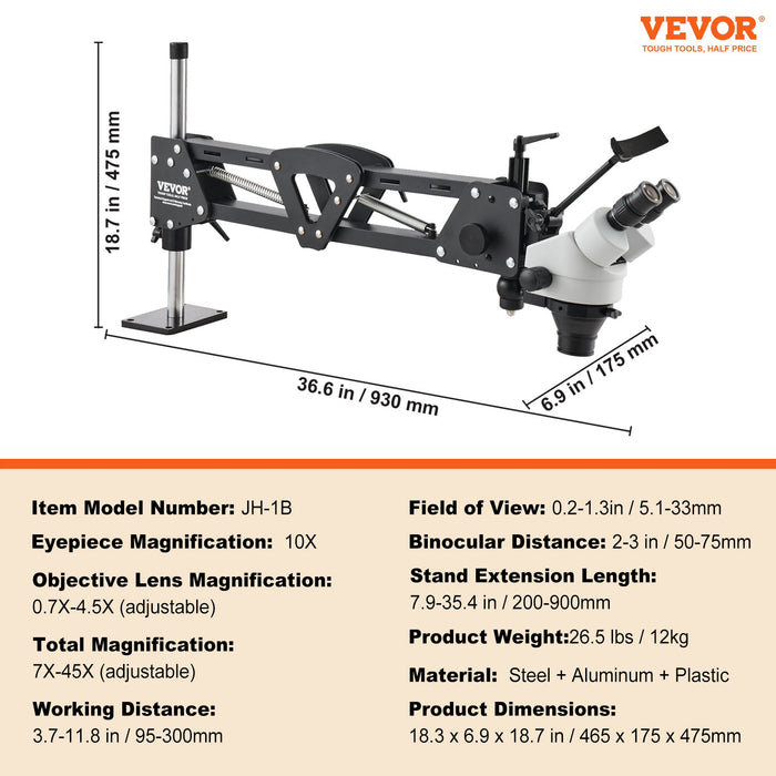 VEVOR Multi-Directional Microscope with Spring Bracket, 7X-45X Magnification Jewelry Microscope, Micro Jewelry Inlaid Stand with Integrated USB Ring LED Light and 360° Ball Vise, for Jewelry Inlay