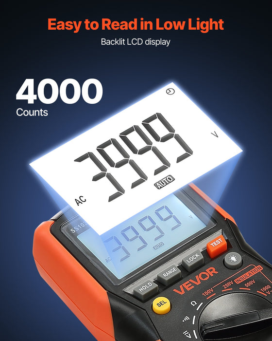 VEVOR Digital Multimeter, 4000-Count TRMS Voltmeter Ohmmeter, 1000V AC/DC Voltage Tester with Switchable Auto/Manual Range for Voltage, Resistance, and Continuity Measurment