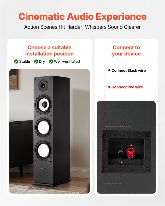 Floorstanding Speaker, 2-Way, Floor-Standing Tower Speaker with 25.4 mm Tweeter, 165.1 mm Woofer, 200W Peak Power, 70Hz–20kHz Frequency Response, Durable MDF Enclosure, for Home Audio, Single