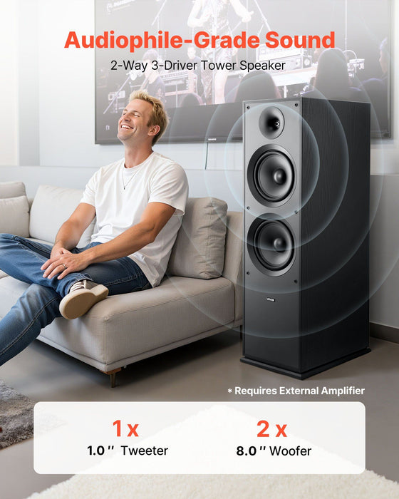 Floorstanding Speaker, 2-Way, Floor-Standing Tower Speaker with 25.4 mm Tweeter, Dual 203.2 mm Woofers, 600W Peak, 50Hz–20kHz Frequency Response, Durable MDF Enclosure, for Home Audio, Single