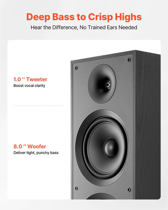 Floorstanding Speaker, 2-Way, Floor-Standing Tower Speaker with 25.4 mm Tweeter, Dual 203.2 mm Woofers, 600W Peak, 50Hz–20kHz Frequency Response, Durable MDF Enclosure, for Home Audio, Single