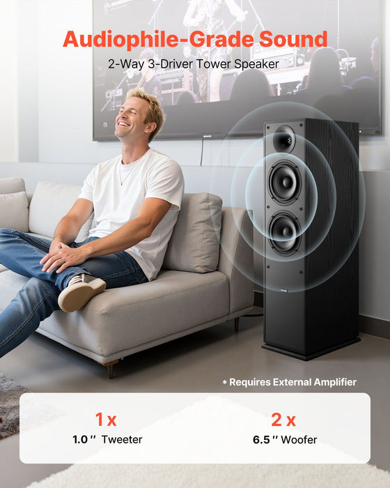 Floorstanding Speakers, 2-Way, Floor-Standing Tower Speakers with 25.4 mm Tweeter, Dual 165.1 mm Woofers, 400W Peak, 65Hz–20kHz Frequency Response, Durable MDF Enclosure, for Home Audio, Pair