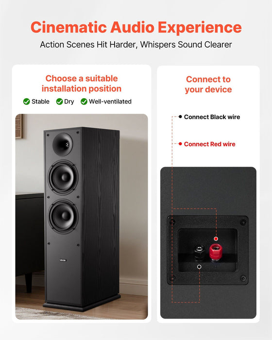 Floorstanding Speakers, 2-Way, Floor-Standing Tower Speakers with 25.4 mm Tweeter, Dual 165.1 mm Woofers, 400W Peak, 65Hz–20kHz Frequency Response, Durable MDF Enclosure, for Home Audio, Pair