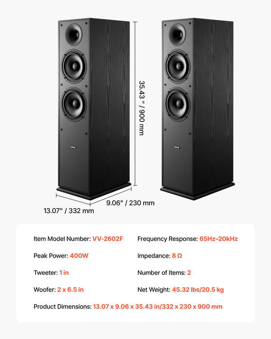 Floorstanding Speakers, 2-Way, Floor-Standing Tower Speakers with 25.4 mm Tweeter, Dual 165.1 mm Woofers, 400W Peak, 65Hz–20kHz Frequency Response, Durable MDF Enclosure, for Home Audio, Pair