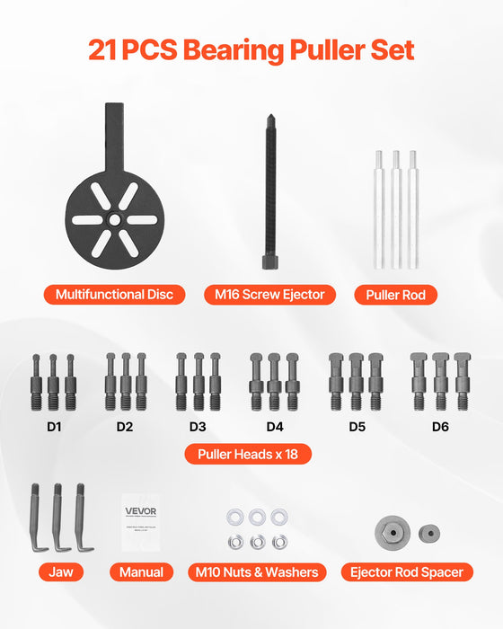 VEVOR 21-in-1 Bearing Puller Set, 21 PCS 3-Jaw Hook Puller for Internal External Bearings and Bearing Without Inner Shaft, Multifunctional Bearing Removal Tool with Heavy Duty Portable Storage Case