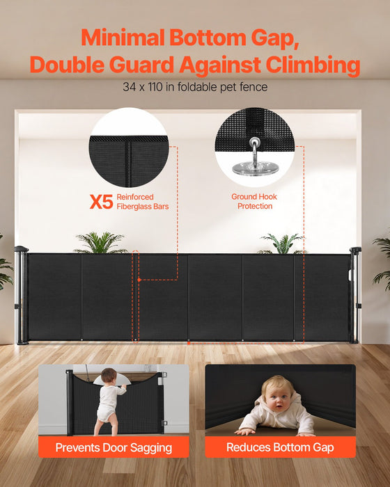 VEVOR Retractable Baby Gate, 870 mm Tall, Extends up to 2800 mm Wide, Retractable Gate for Kids or Pets, Mesh Material, Easy to Install for Indoor Stairs, Doorways, Hallways, Playrooms, Black
