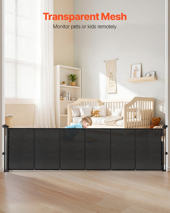 VEVOR Retractable Baby Gate, 870 mm Tall, Extends up to 2800 mm Wide, Retractable Gate for Kids or Pets, Mesh Material, Easy to Install for Indoor Stairs, Doorways, Hallways, Playrooms, Black