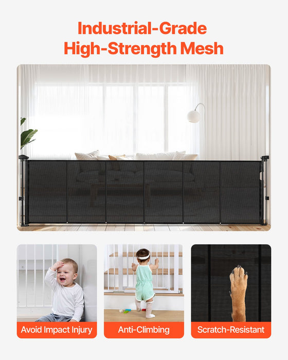 VEVOR Retractable Baby Gate, 870 mm Tall, Extends up to 2800 mm Wide, Retractable Gate for Kids or Pets, Mesh Material, Easy to Install for Indoor Stairs, Doorways, Hallways, Playrooms, Black