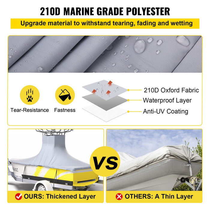 VEVOR T-Top Boat Cover, Fit for 22\'-24\' Boat, Heavy Duty 600D Marine Grade Oxford Hard Top Cover, UV Resistant Waterproof Center Console Boat Cover with 2 Support Poles and 7 Wind-Proof Straps, Gray