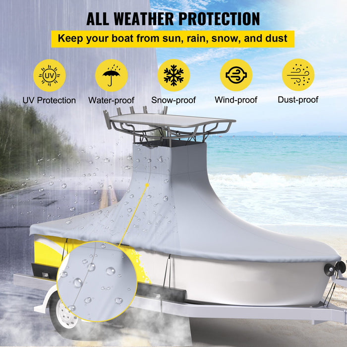 VEVOR T-Top Boat Cover, Fit for 22\'-24\' Boat, Heavy Duty 600D Marine Grade Oxford Hard Top Cover, UV Resistant Waterproof Center Console Boat Cover with 2 Support Poles and 7 Wind-Proof Straps, Gray