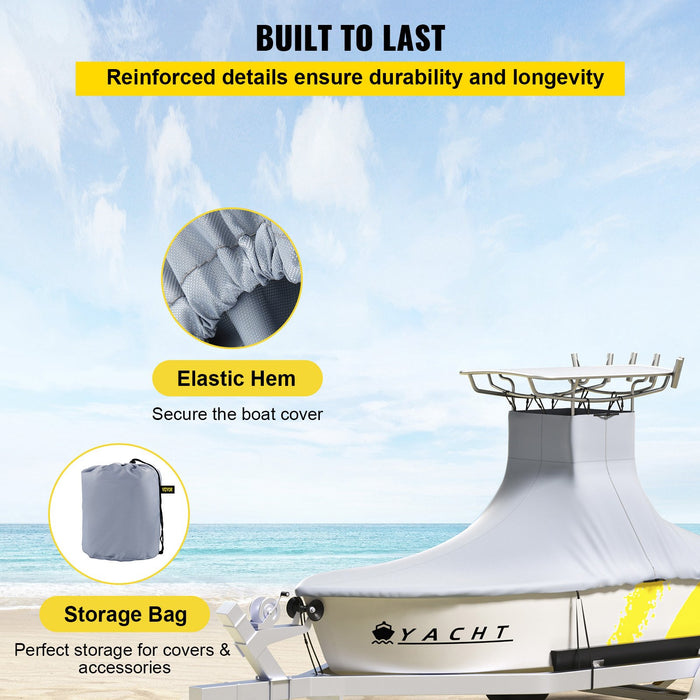 VEVOR T-Top Boat Cover, Fit for 22\'-24\' Boat, Heavy Duty 600D Marine Grade Oxford Hard Top Cover, UV Resistant Waterproof Center Console Boat Cover with 2 Support Poles and 7 Wind-Proof Straps, Gray