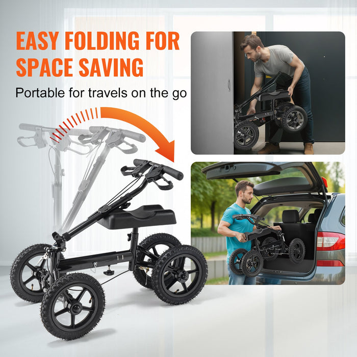 VEVOR Folding Knee Scooter, Aluminum Steerable Knee Walker with Height-Adjustable Handlebar & Knee Pad, 12" All-Terrain Wheels, Dual Brakes, Leg Recovery Scooter for Broken Ankle Foot Injuries, 159KG