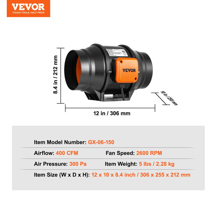 VEVOR Inline Duct Fan, 152.4mm 323.7 CFM with Variable Speed Controller, Quiet AC-motor Ventilation Exhaust Fan for Cooling Booster, Grow Tents, Hydroponics