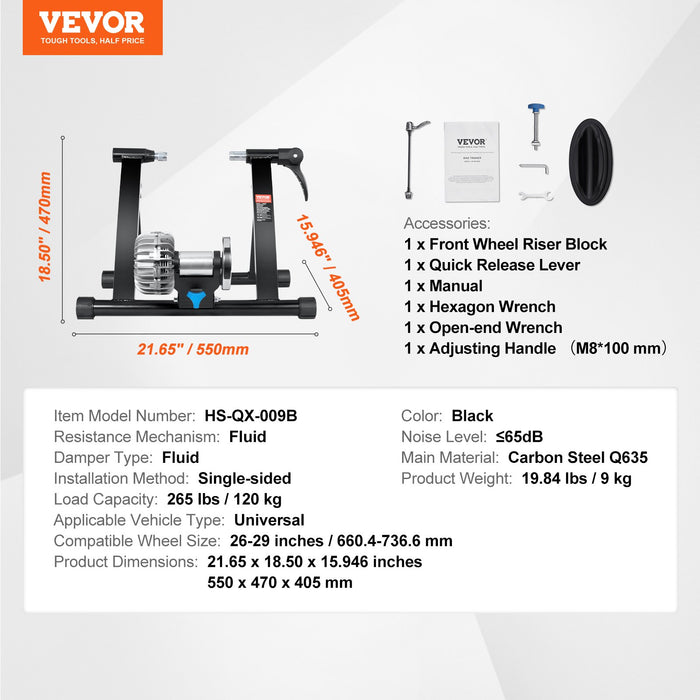 VEVOR Bike Trainer Stand, Fluid Stationary Bike Stand for 26"-29" Wheels, Noise Reduction Fluid Flywheel, Portable Cycling Stand for Indoor Riding Exercise, with Quick-Release Lever & Front Wheel Rise