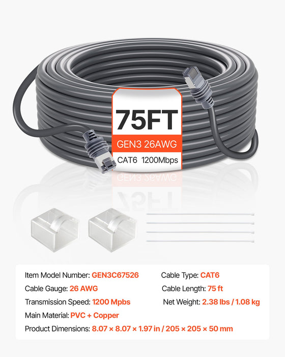 VEVOR Starlink Gen 3 Cable,22.86 m, 26 AWG Copper Core, Durable Extension Cable for Standard Generation 3, Compatible with Starlink Rectangular Satellite V3, Flexible Wiring for RV, Backyard, Camping