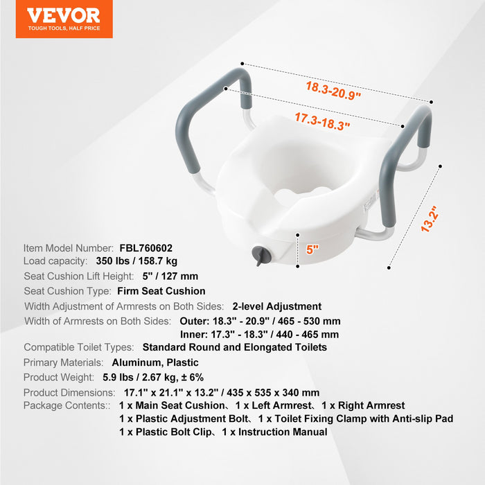 VEVOR Raised Toilet Seat, 5" Height Raised, 350 lbs Weight Capacity, for Round and Elongated Toilet, Twist Lock Installation,19.1" - 21.7" Adjustable Width, for Elderly, Handicap, Patient, Pregnant, M