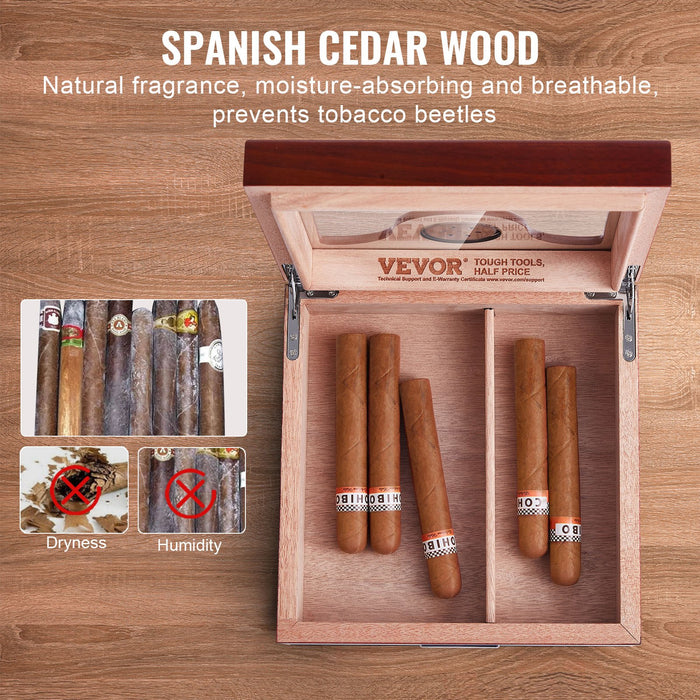 VEVOR Cigar Humidor, Glass Top Cigar Humidor Box, Handmade Spanish Cedar Wood Cigar Desktop Box, Cigar Storage Case with Humidifier, Hygrometer, Divider and Accessory Drawer, 20-35 Cigars