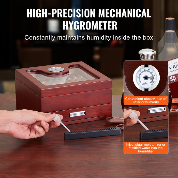 VEVOR Cigar Humidor, Glass Top Cigar Humidor Box, Handmade Spanish Cedar Wood Cigar Desktop Box, Cigar Storage Case with Humidifier, Hygrometer, Divider and Accessory Drawer, 20-35 Cigars