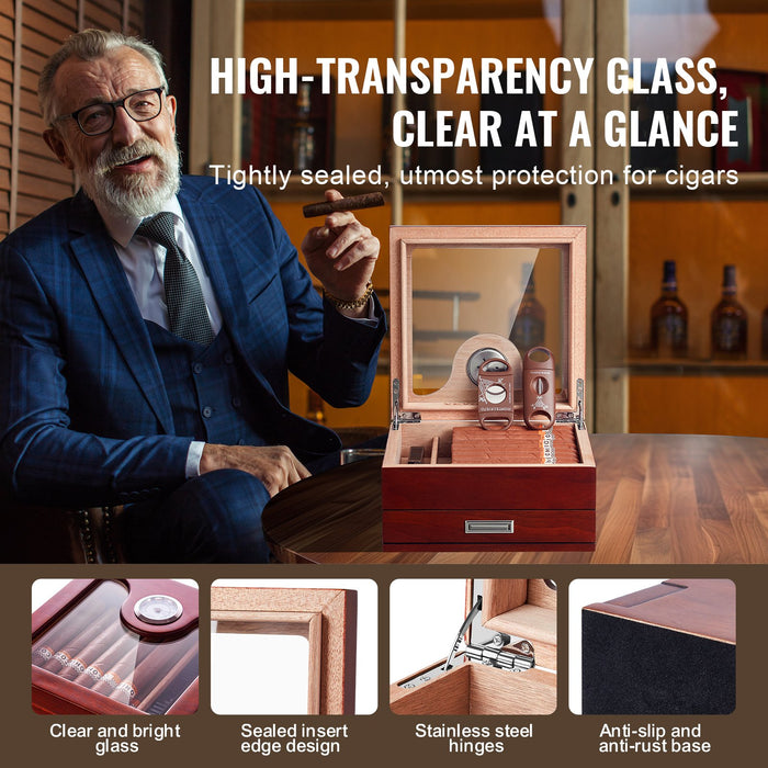 VEVOR Cigar Humidor, Glass Top Cigar Humidor Box, Handmade Spanish Cedar Wood Cigar Desktop Box, Cigar Storage Case with Humidifier, Hygrometer, Divider and Accessory Drawer, 20-35 Cigars