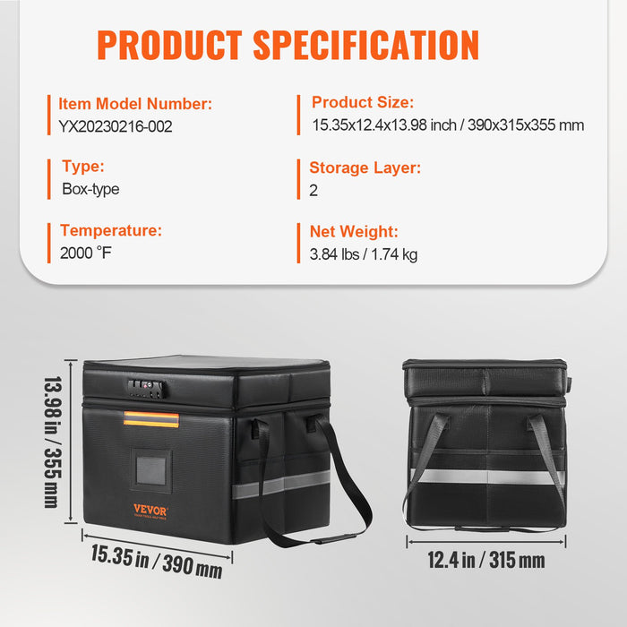 VEVOR Fireproof Document Box, Fireproof Document Bag with Lock 2000_, Fireproof and Waterproof File Box 450x140x315 mm with Zipper & Handle, for Money, Documents, Jewelry and Passport