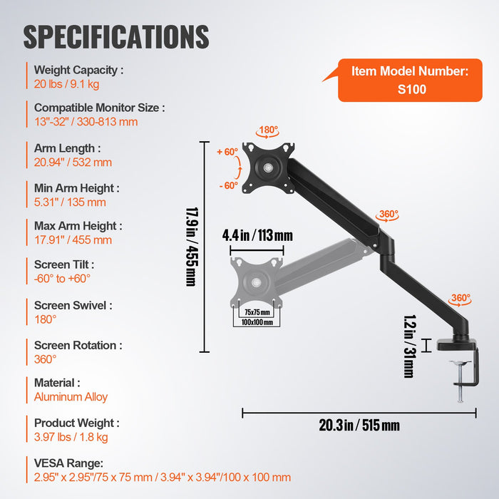 VEVOR Single Monitor Mount, Supports 13"-32", 330-813 mm Screen, Fully Adjustable Gas Spring Monitor Arm, Hold up to 9.1 kg, Computer Monitor Stand Holder with C-Clamp/Grommet Mounting Base, VESA Mount Bracket