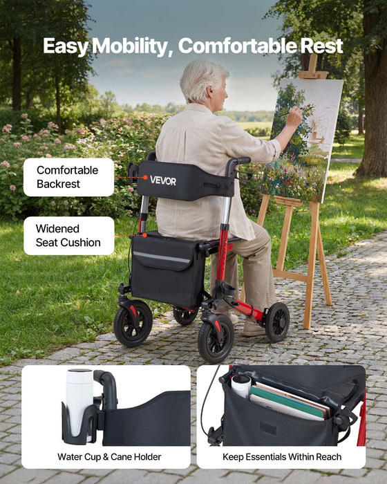 Rollator Walker with Seat for Seniors, Ultra Compact 3-Fold Rolling Walker, Lightweight Aluminum Mobility Walking Aid with PU Solid Wheels, Adjustable Handle, Cup & Cane Holder - Supports 136kg