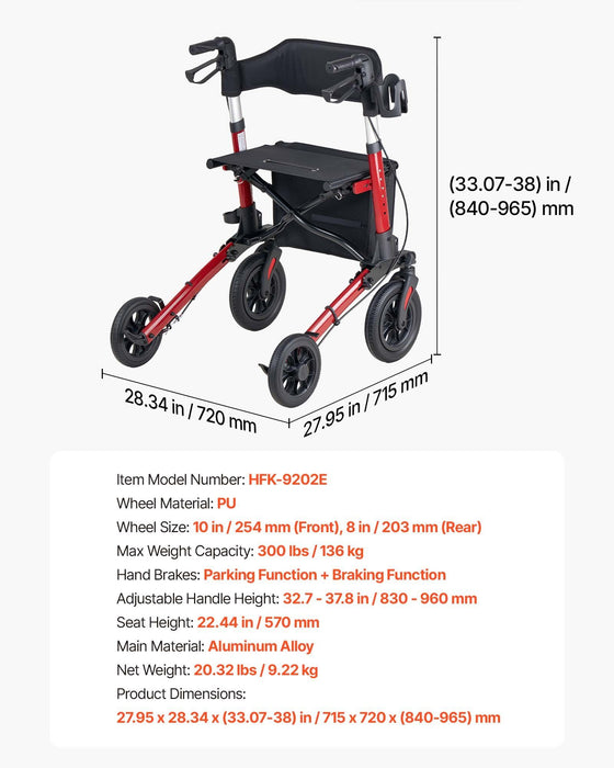 Rollator Walker with Seat for Seniors, Ultra Compact 3-Fold Rolling Walker, Lightweight Aluminum Mobility Walking Aid with PU Solid Wheels, Adjustable Handle, Cup & Cane Holder - Supports 136kg