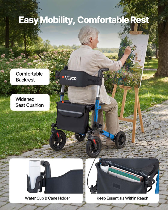 Rollator Walker with Seat for Seniors, Ultra Compact 3-Fold Rolling Walker, Lightweight Aluminum Mobility Walking Aid with PU Solid Wheels, Adjustable Handle, Cup & Cane Holder - Supports 136kg