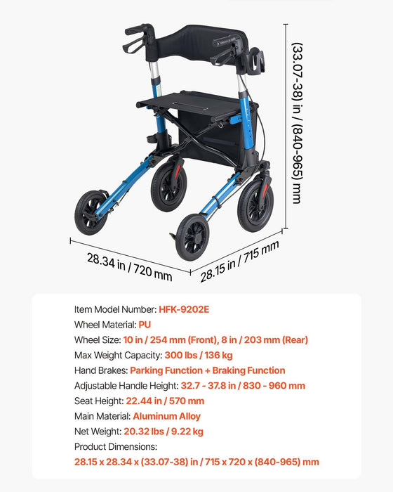 Rollator Walker with Seat for Seniors, Ultra Compact 3-Fold Rolling Walker, Lightweight Aluminum Mobility Walking Aid with PU Solid Wheels, Adjustable Handle, Cup & Cane Holder - Supports 136kg