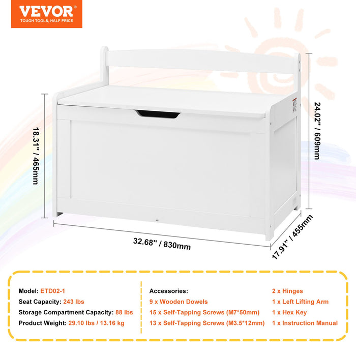VEVOR Kids Toy Storage Bench Wooden Toy Box Chest 32.68 x 17.91 x 24.02" White